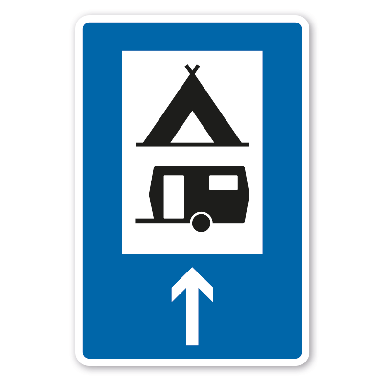 Parkplatzschild Campingzeichen und Wohnwagen mit Pfeil geradeaus – mit großem Piktogramm - Verkehrsschild