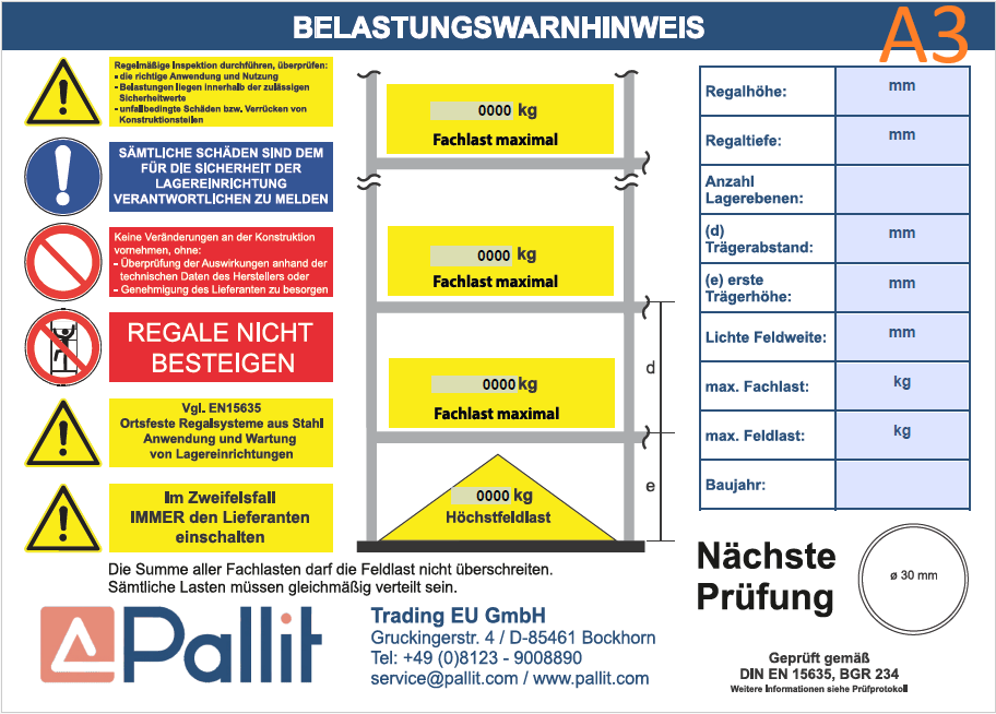 PALLIT Belastungsschild A3 - PVC 3 mm (420mm x 300mm)