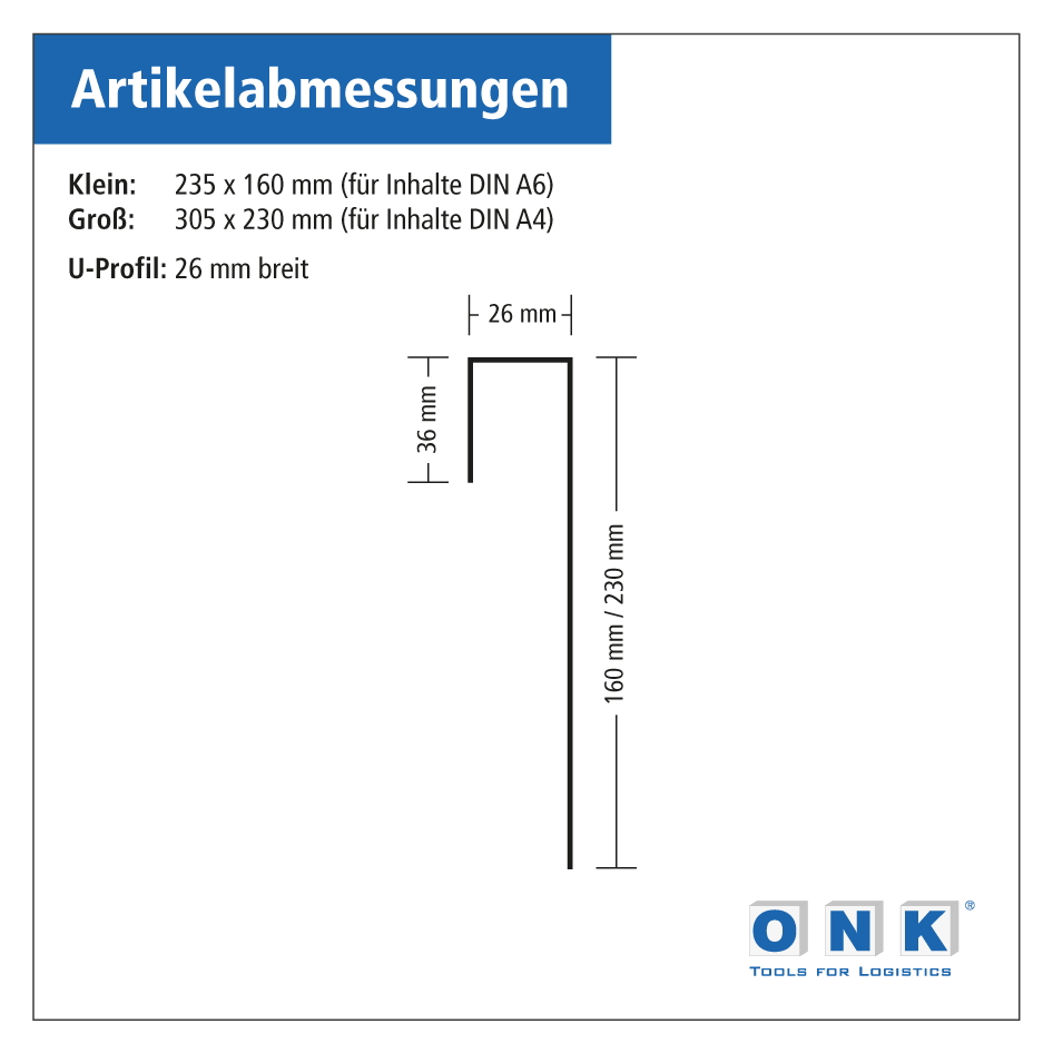 Einstecktasche mit U-Profil - Abmessungen