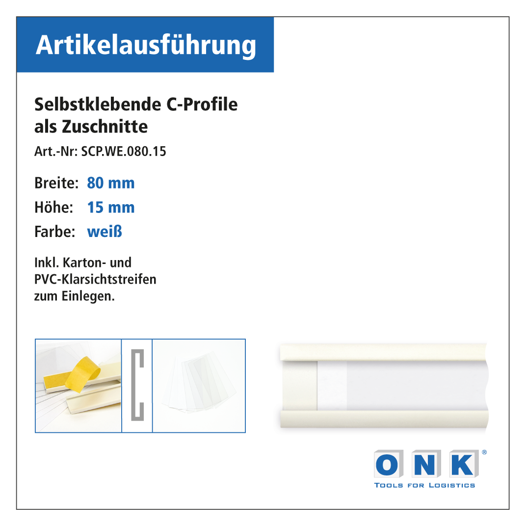 Selbstklebende Etikettenhalter im C-Profil - 15 x 80 mm