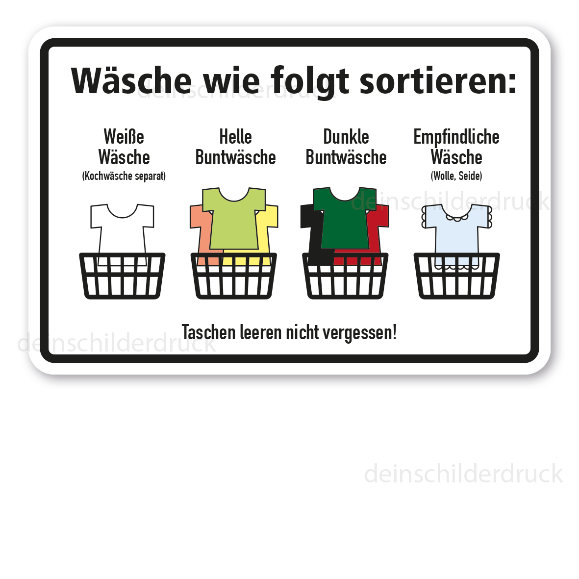 Schild mit Hinweisen zur Sortierung von Wäsche