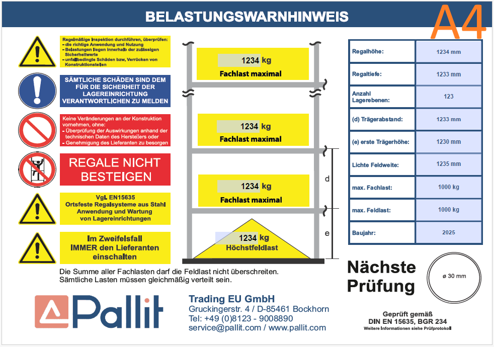 PALLIT Belastungsschild A4 - PVC 3 mm (300mm x 210mm)